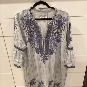 Johnny Was Blue and White Embroidered Tunic